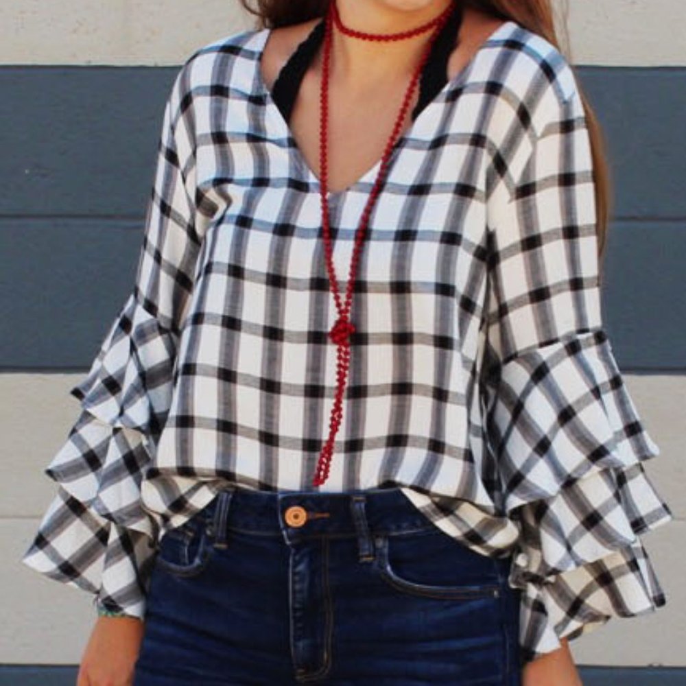 PLAID FLOWY TOP W LAYERED SLEEVES